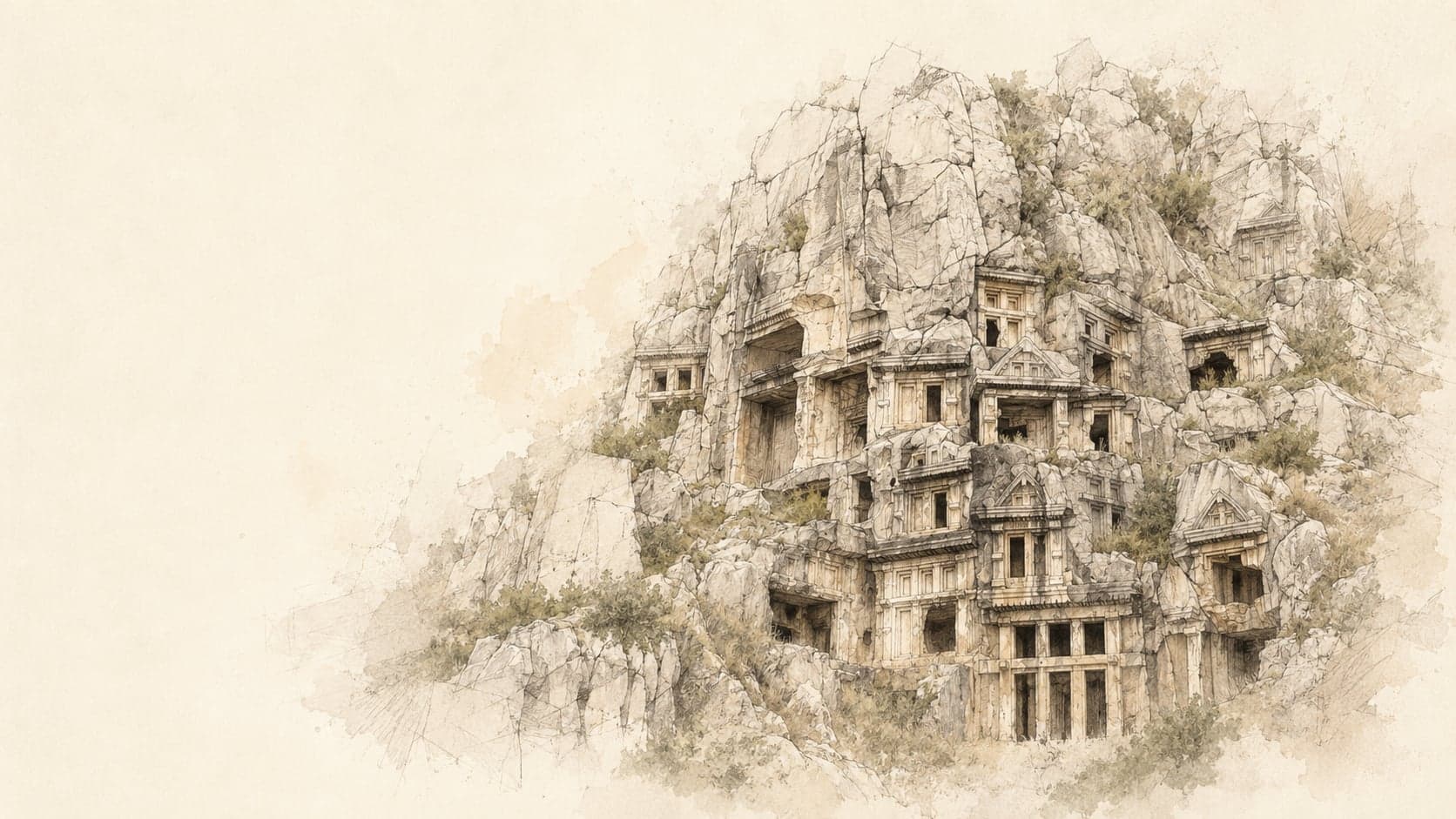 The rock-cut tombs of ancient Limyra, drawn in ink and wash